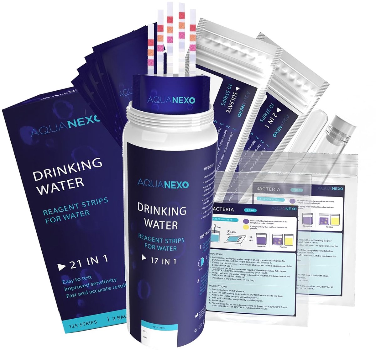 SnelShoppen - 21 parameters drinkwater teststrips, 125 + 20 pH teststrips, waterhardheid met coli bacteriën test, waterkwaliteit meten voor huis, tuin