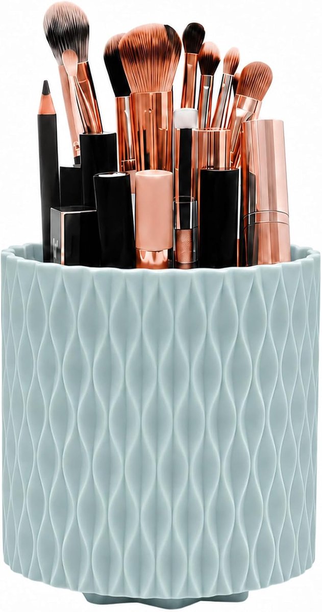 SnelShoppen - 360° Draaibare Make-up Organizer met 6 Vakken, Cosmetica- en Kwastenhouder, Parfum Organizer in Blauw voor Kaptafel, Badkamer en Bureau