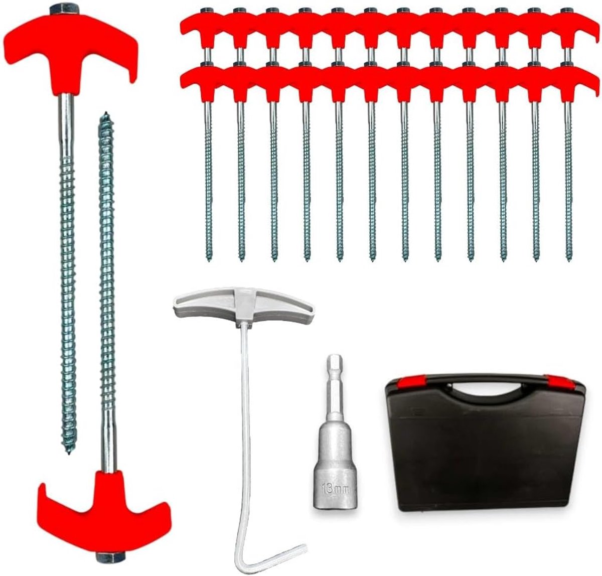 SnelShoppen - 24 x Schroefbare Tentharingen van Robuust Staal met Schroefdraad, Bit-opzetstuk & Draagbox voor Camping, Tenten & Outdoor - Perfecte Gri