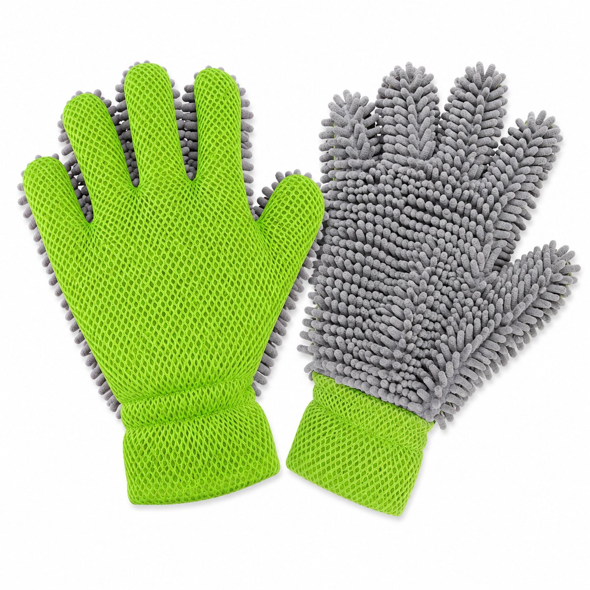 Autowashandschoen Microvezel Set van 2 - 5-Vinger Chenille Washandschoen Auto - Krasvrije en Absorberende Auto Schoonmaakhandschoen - Voor Autowas, Velgen en Auto Detailing-Grijsgroen