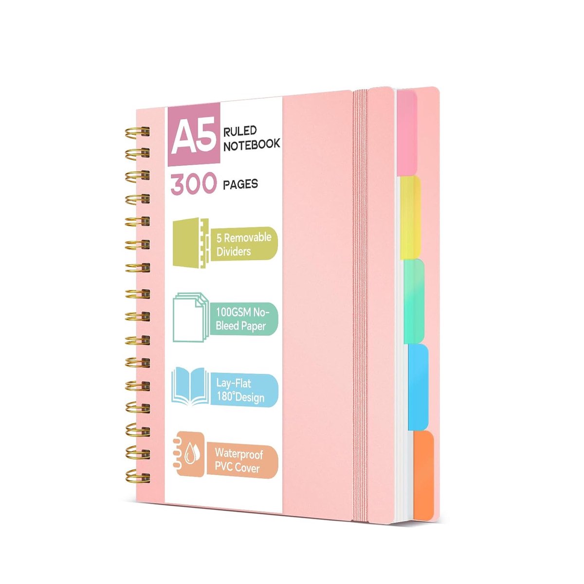 SnelShoppen - A5 Notitieboek met Scheidingsbladen - 100gsm Papier zonder Spuit, 300 Bladzijden, PVC Hardcover, Spiral Projectboek voor School, Kantoor