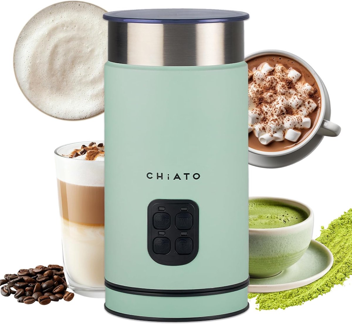 SnelShoppen - Electric Milk Frother 4-in-1 - Melkopschuimer, Melk Koker & Verwarmer voor Koude Schuim, Matcha, Cacao & Latte Macchiato - Groen