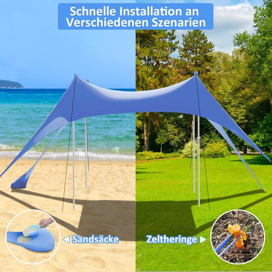 Ruime strandtent met zonbescherming, 3 bij 3 meter, inclusief grondankers en stabilisatiestangen voor strand en camping — afbeelding 4