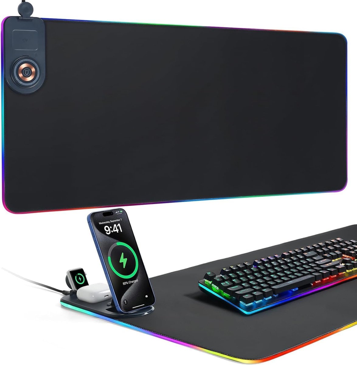 SnelShoppen - ELUTENG 4-in-1 Muismat met Inklapbare Telefoonhouder, 15W Draadloze Oplaadfunctie, RGB Verlichting, Antislip Onderkant, 800 x 300 mm Gam