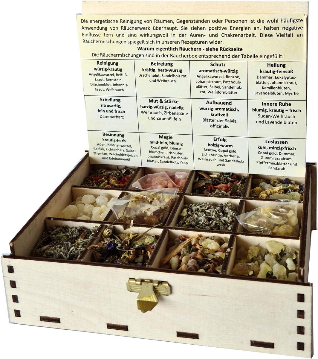 SnelShoppen - Houten Incense Box Cadeaubox met 12 Soorten Wierookmixen voor Energie Reiniging en Oriëntatie, 14 x 10 x 4 cm - Perfect als Geschenk voo