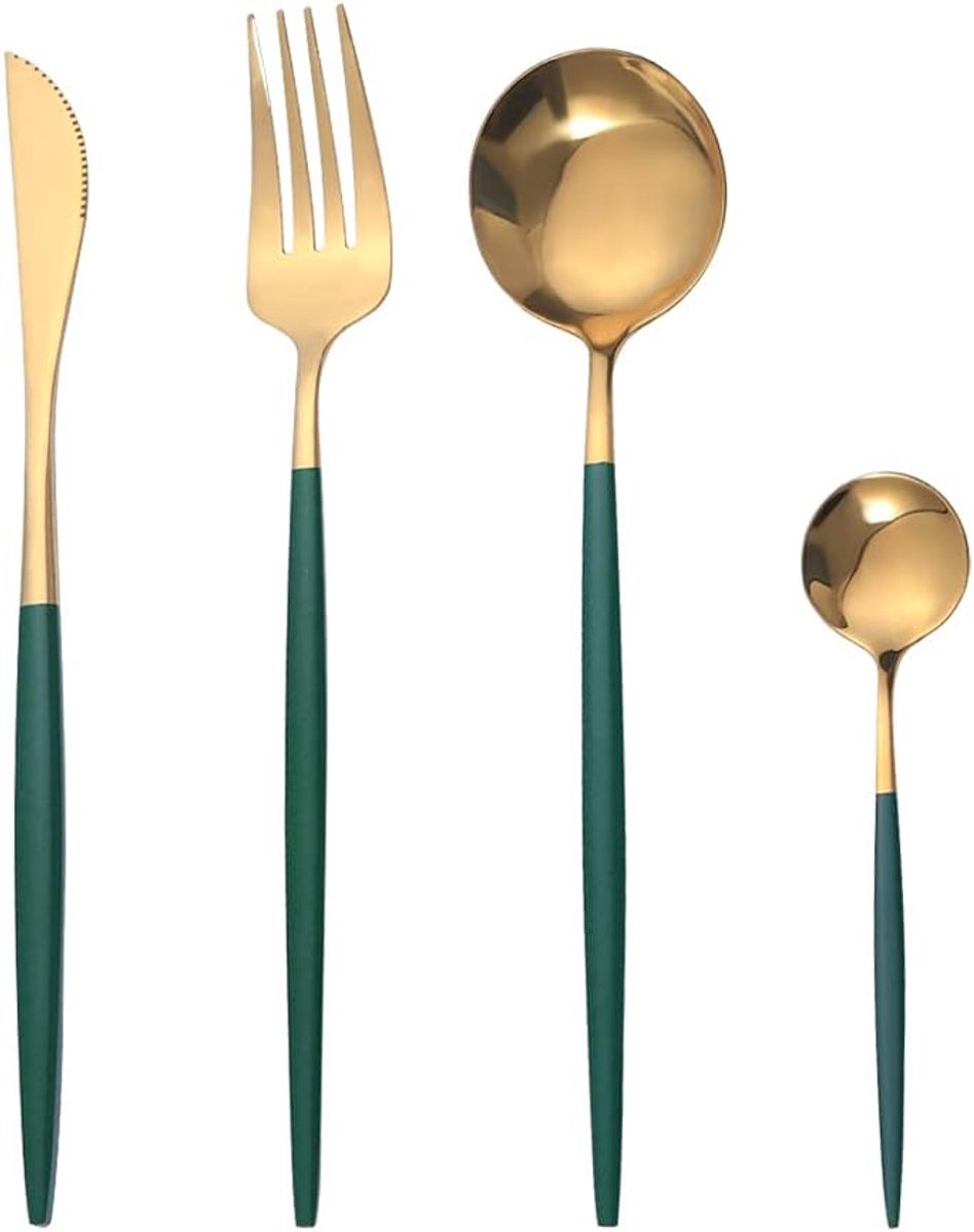 SnelShoppen - Luxe 2 Persoons Bestekset: RVS Messen, Vorken, Lepels en Theelepels in Zwart en Goud voor Feest, Diner of Keuken