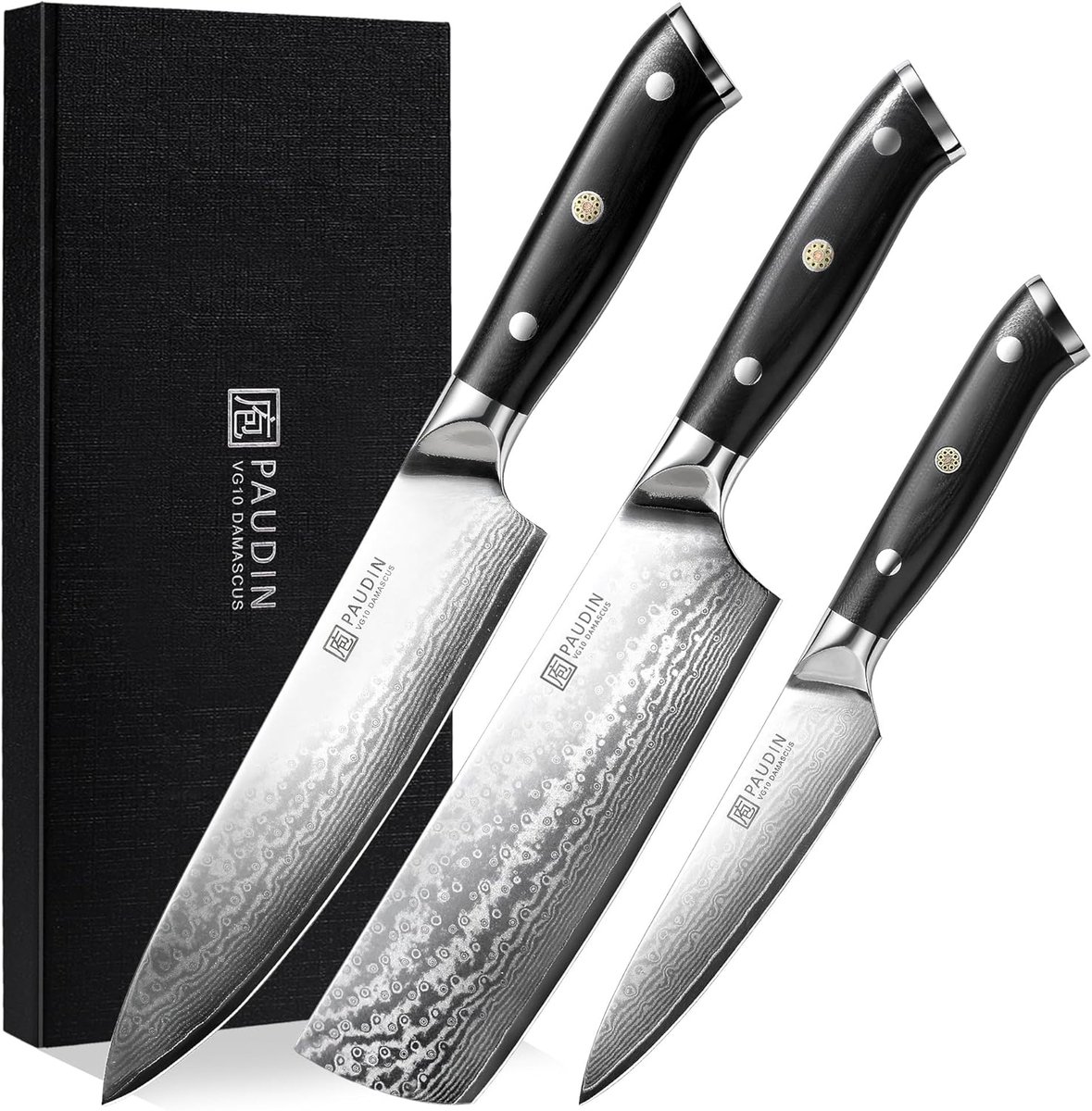 SnelShoppen - 3-delige keukenmessenset - Damastmessenset VG10 staal - Koksmes, Hakmes, Universeel Mes - G10 Handvat voor Professioneel Koken