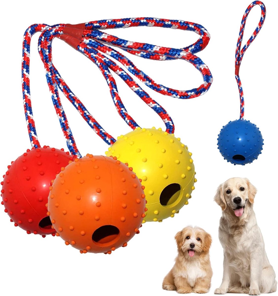 SnelShoppen - Pack van 4 Hondenballen met Touw - Speelgoed voor Honden - Natuurlijk Rubber - 5 cm - Kleur: Geel, Blauw, Rood, Groen - Voor Trek- en Go