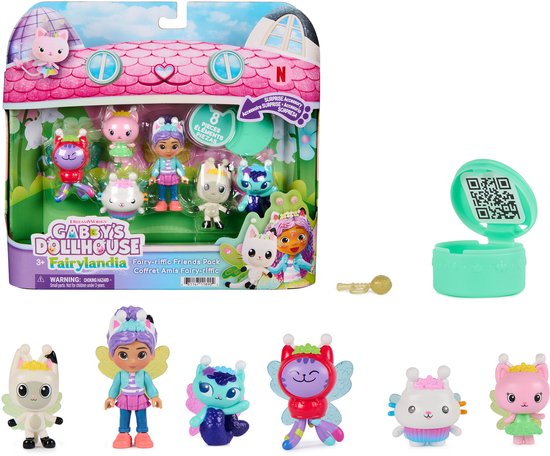 Een Gabby's Dollhouse Fairylandia speelgoedverpakking met 6 figuren, een verrassingsdoosje, sleutel en 6 uitgestalde figuren.