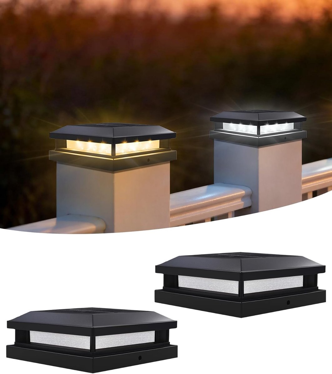 SnelShoppen - Solar Pole Cap 9x9 / 10x10 / 12x12 cm | 2-in-1 LED Tuinverlichting 3000K/6000K | IP65 Waterdicht | Set van 2 voor Hek, Tuin, Patio
