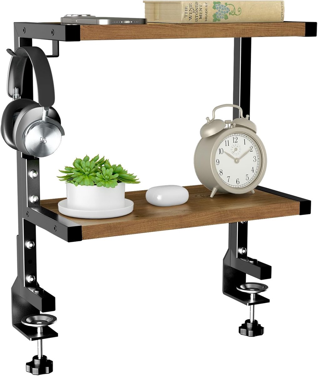 SnelShoppen - PUTORSEN 15 inch clamp-on bureau-organizer, 2-laags rek voor gaming-apparaten, kantoorbenodigdheden, vintage bruin, ideaal voor thuis of