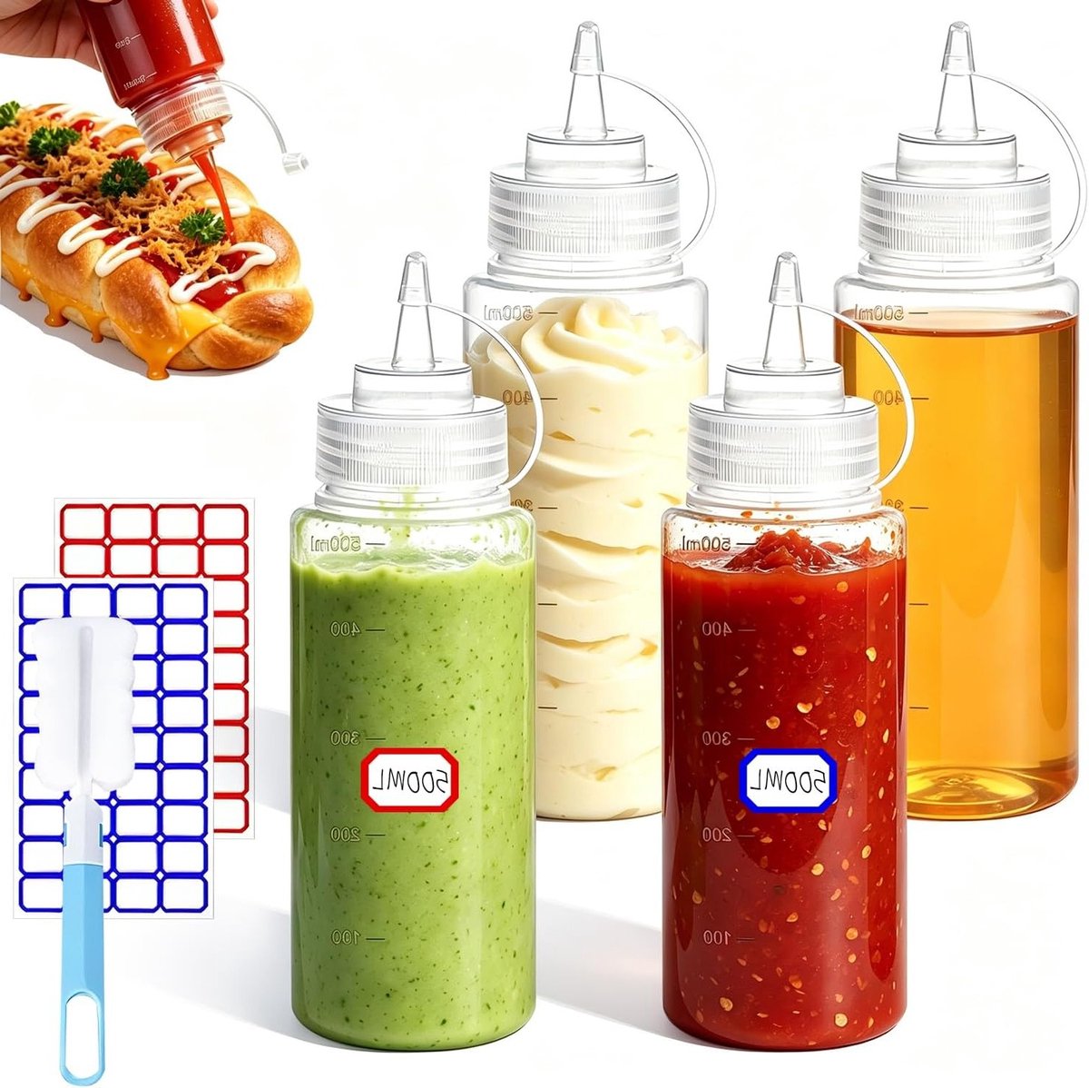 Squeeze Doseerfles 500 ml - Set van 4 knijpflessen voor saus, olie en kruiden - BPA-vrij en ideaal voor bakken en drip cakes