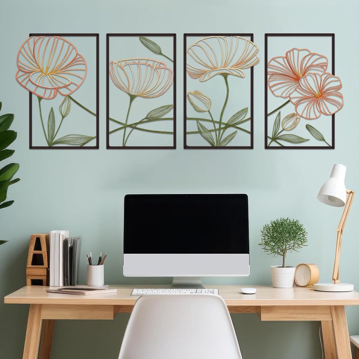 SnelShoppen - 4 Stuks Metaal Lotus Wanddecoratie, Abstracte Bloemen Aesthetic Splicing Lijn Kunst Minimalistische Wandkunst voor Slaapkamer, Badkamer