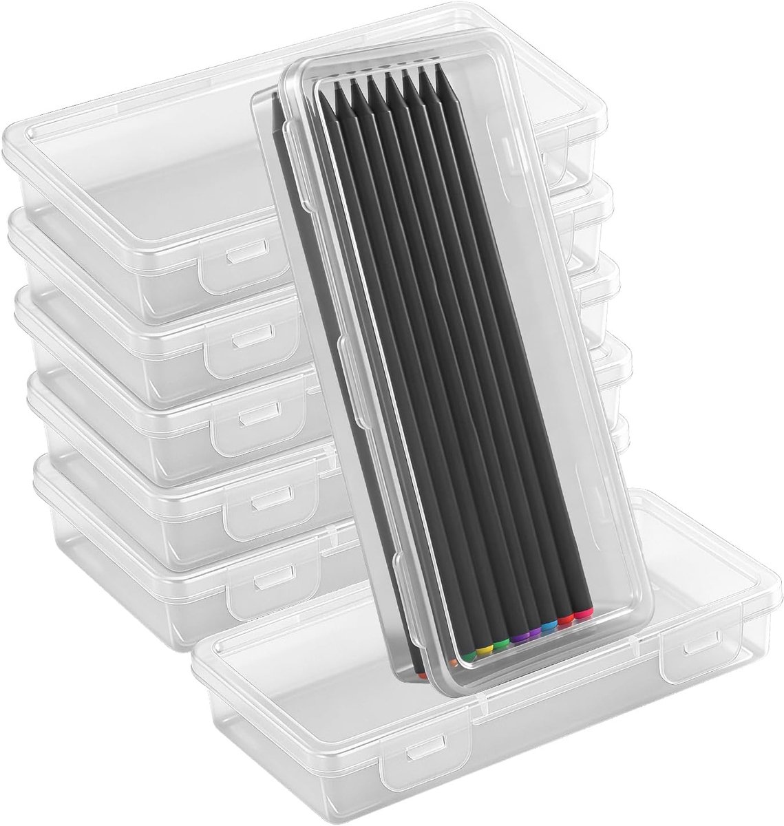 SnelShoppen - 7 Stuks Potlooddoos Stapelbaar Transparant Plastic Etui met Vergrendelingsdeksel voor Pennen Kantoorbenodigdheden Handwerk Tekengereedsc