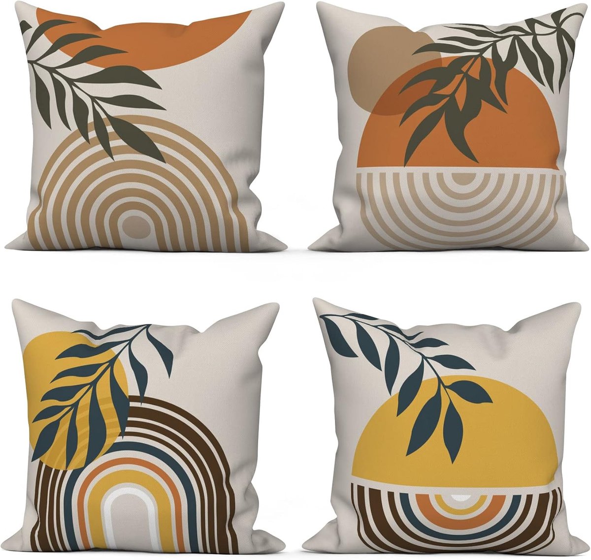 SnelShoppen - Set van 4 Boho 45 x 45 cm Kussenhoezen Modern Abstract Art Bladeren Sun Beige Wasbare Polyester Flax Textiel Buiten Kussens