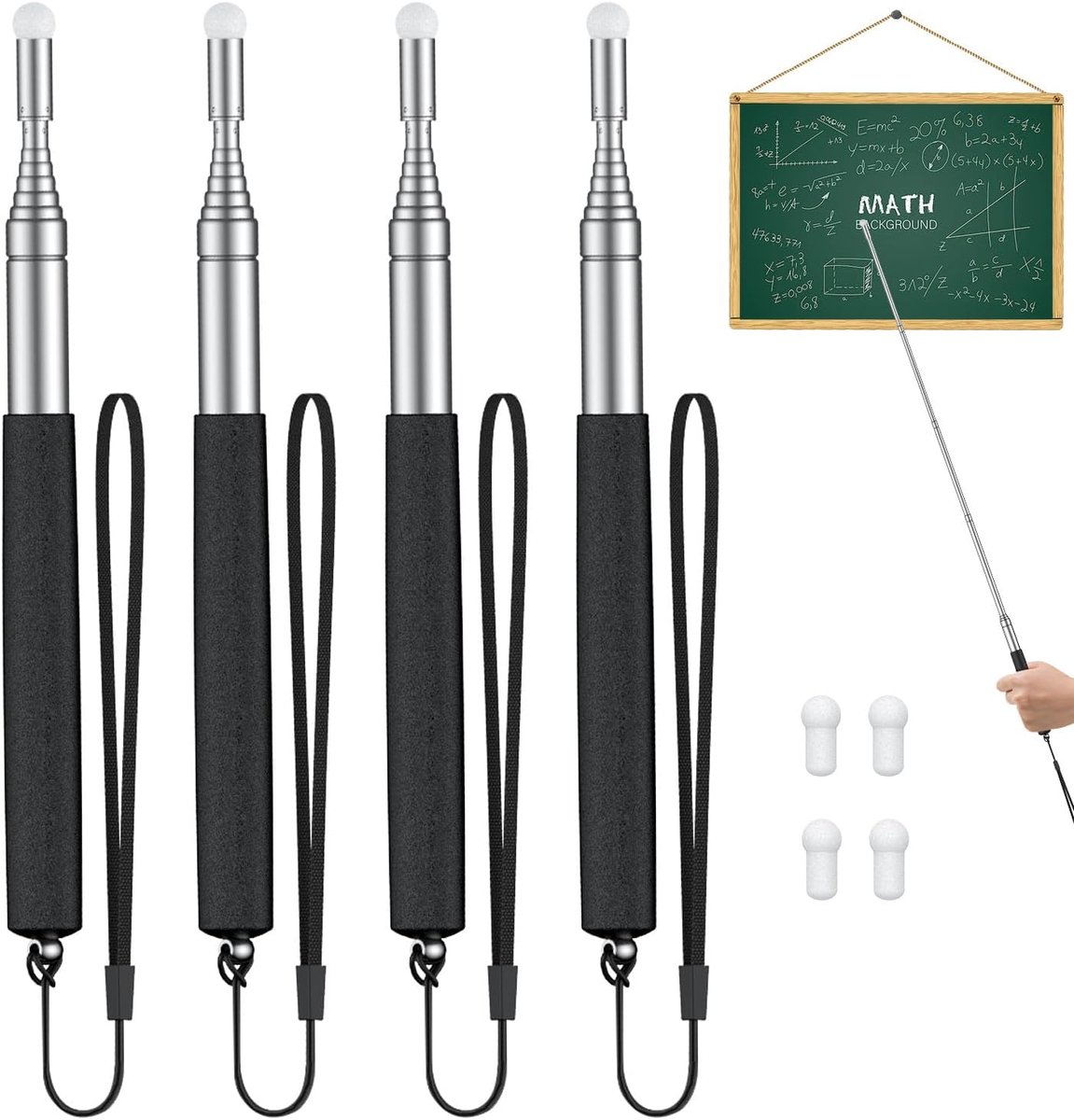 SnelShoppen - 4 Stuks Uittrekbare Leraar Pointer Stick - Telescopische Whiteboard Pointer met Lanyards en Vervangbare Viltkoppen - 21cm tot 100cm Vers