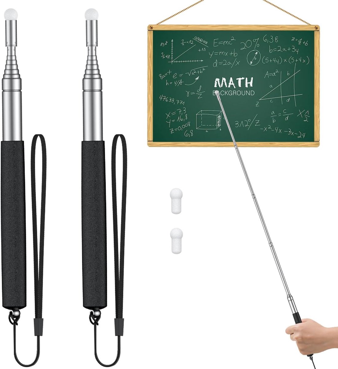 SnelShoppen - Set van 2 Uittrekbare Leraarpointers voor Klaslokaal, Telescopische Whiteboard Pointer met Lanyards en Vervangbare Viltkoppen, Tot 39.3