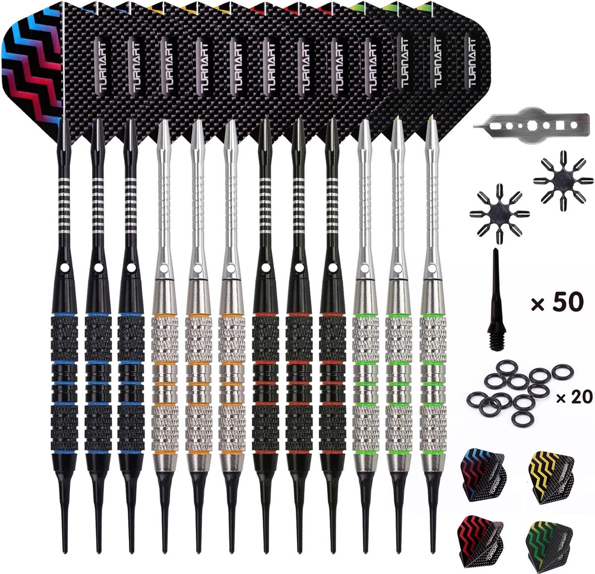 SnelShoppen - 12 x 18 g Dartpijlen Set met 50 Extra Dartpunten, 20 Rubber Ringen, 24 Flights, Elektronisch Dartbord Accessoires voor Feesten en Spelle
