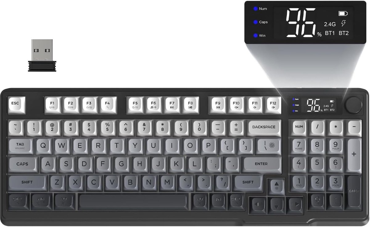 SnelShoppen - Draadloos Gaming Toetsenbord M96, Bluetooth/2.4G Verbinding, Mechanische Voel, RGB LED Verlichting, PBT Toetsen, 3000mAh, QWERTY - Zwart