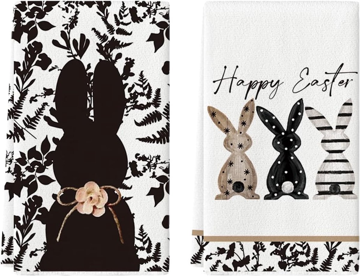 SnelShoppen - Keuken Theedoeken Set van 2 - Zwarte Konijn en Bloemen Design - 42x65cm - Polyester - Absorberend - Perfect voor Pasen en Lente Decorati