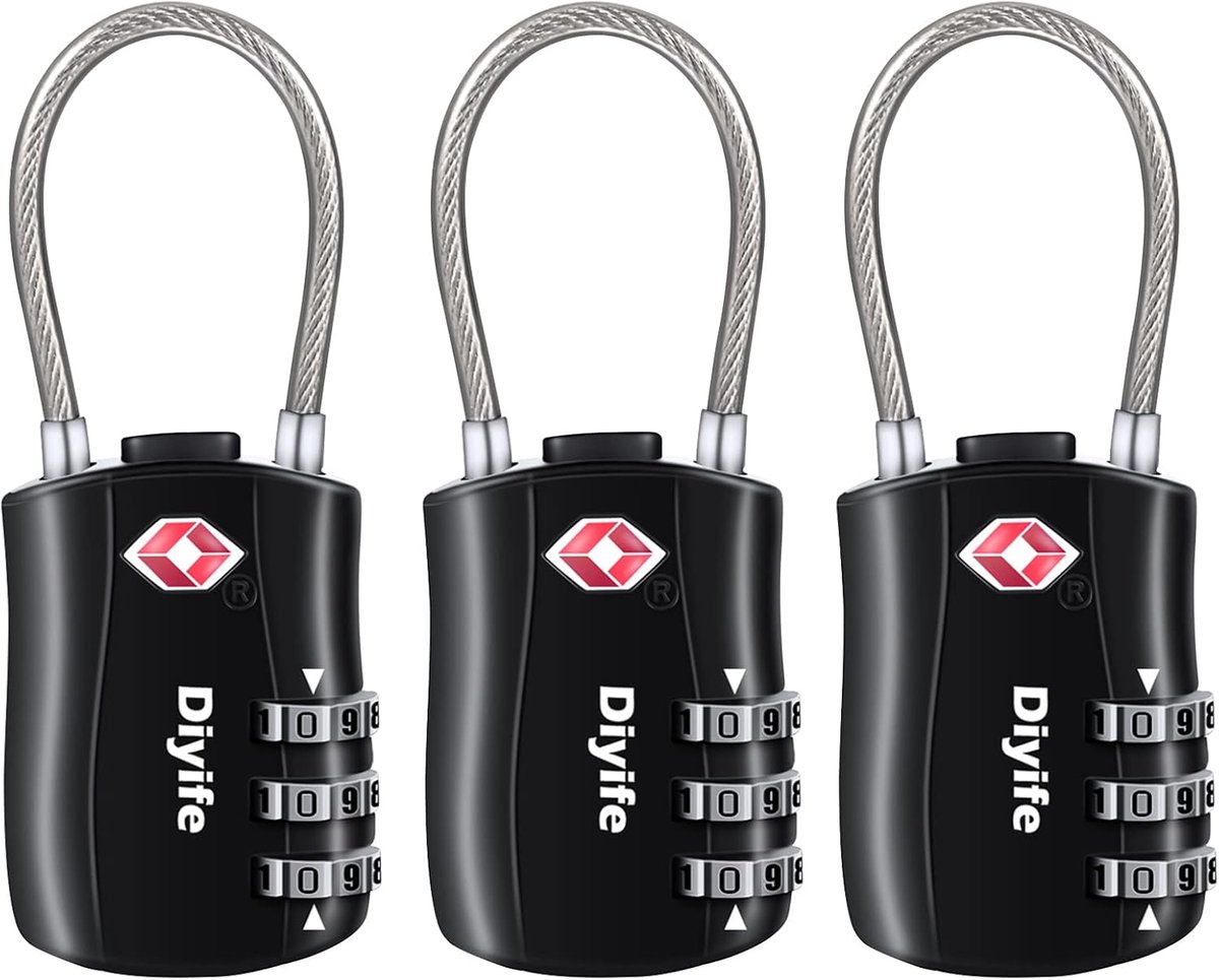 SnelShoppen - TSA Bagage Slot 3 Stuks - 3-Cijferige Combinatiesloten voor Reiskoffers, Luggage Lock, Veiligheidsslot Zwart