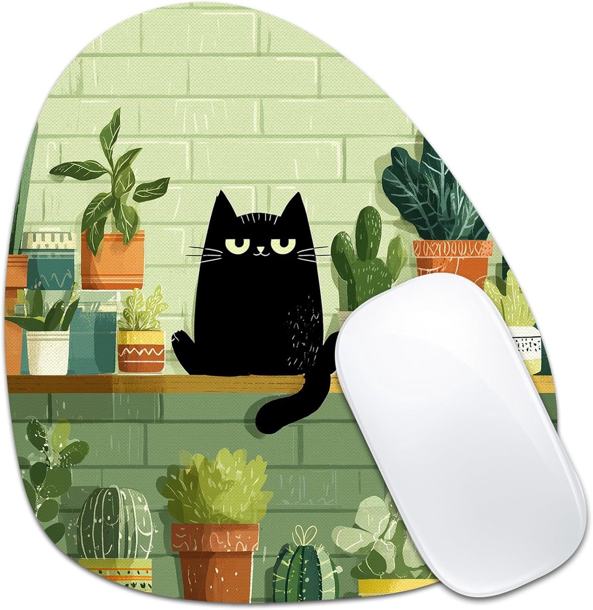 SnelShoppen - Zwarte Kat Muismat 18,6 x 20,5 cm - Druppelvormige Antislip Muismat met Groen Botanisch Ontwerp voor Laptop en Computer - Schattige Katt