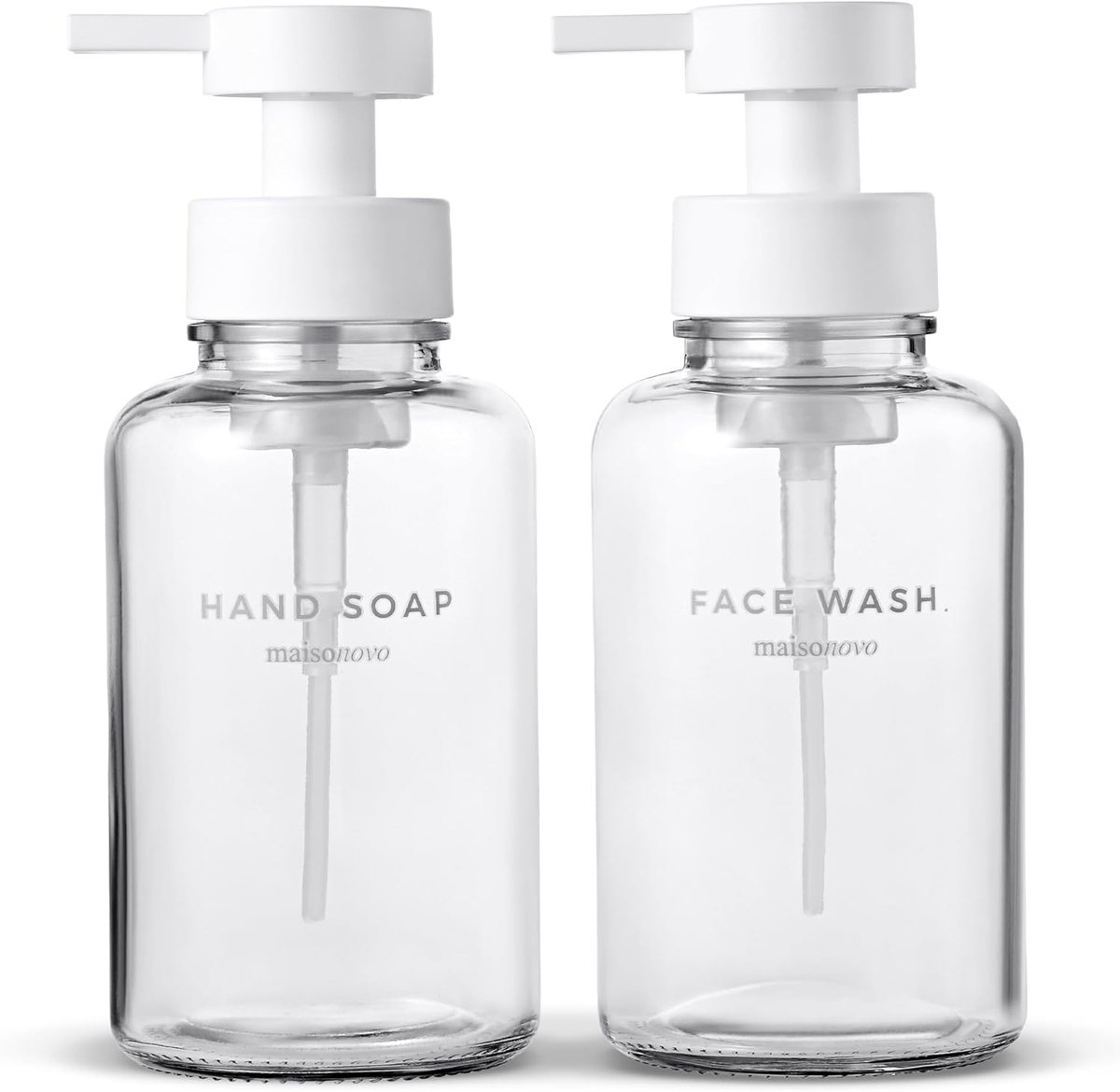 SnelShoppen - Glas Schuimzeep Dispenser Set 400 ml | 2x Duidelijke Glazen Pompen met Witte Plastic Pompen + 4 Labels voor Handzeep | Keuken & Badkamer