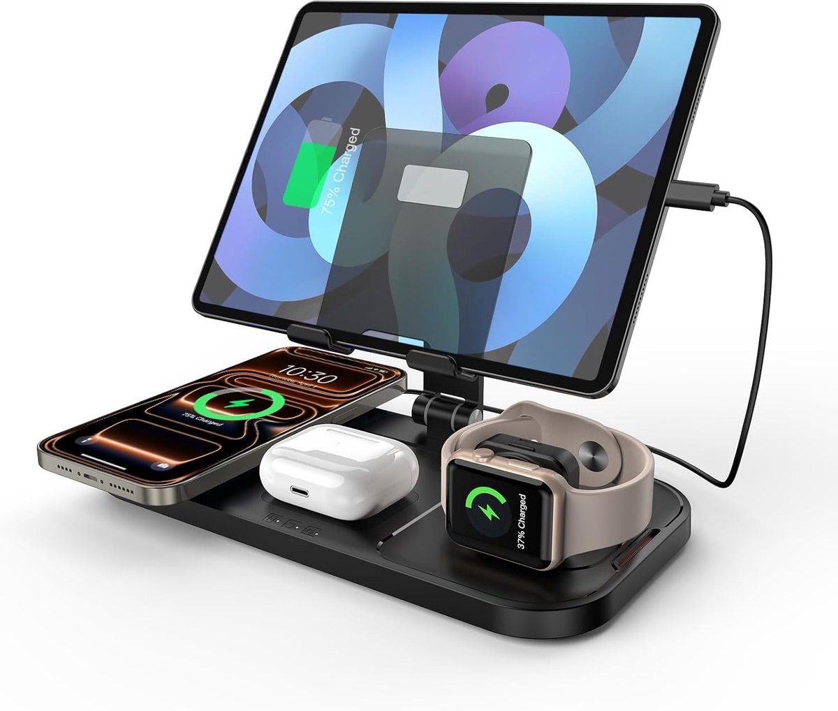 SnelShoppen - Draadloze Oplader 4 in 1 voor iPhone, iWatch, AirPods & iPad - Snellader, Compact Design, Geschikt voor iPhone 16/15/14/13/12/11, iWatch