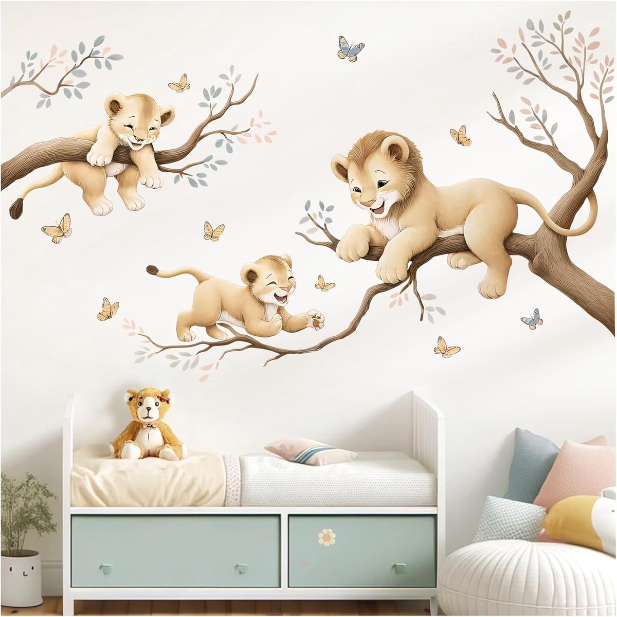 SnelShoppen - Wandsticker Jungle Dieren Leeuwen op Tak - Zelfklevend Muurdecoratie - Premium Kwaliteit 124x78 cm - Perfect voor Kinderkamer, Speelhoek
