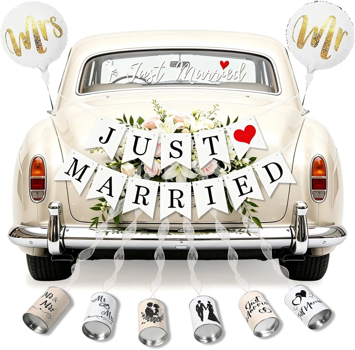 SnelShoppen - Compleet Just Married Auto Decoratie Set - 13 delige Wedding Decoration Set met Cans, Banner, Stickers, Ballonnen en Tulle Tape voor Bru