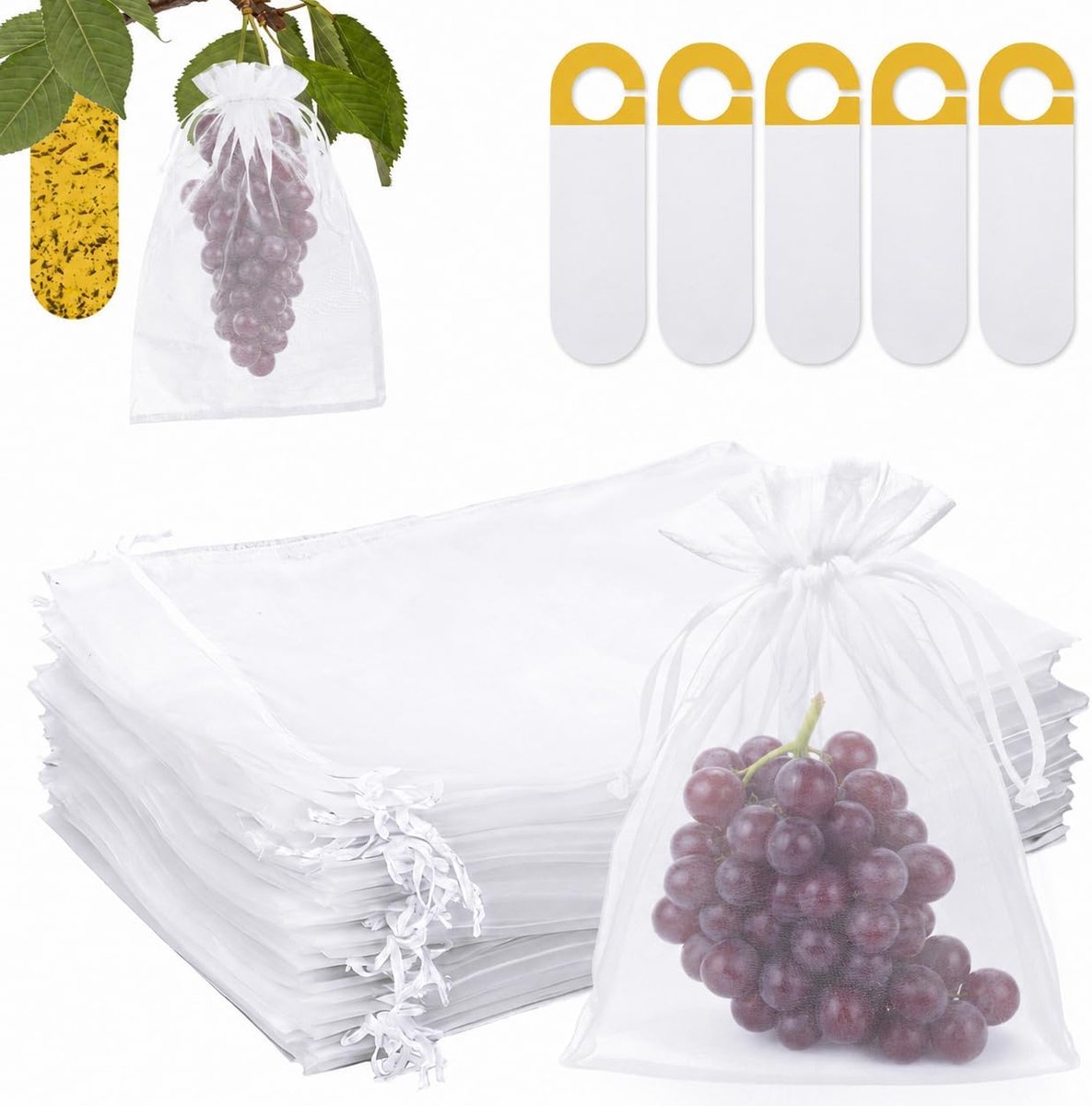 SnelShoppen - 60 Stuks Witte Druiven Beschermzakken 40 x 30 cm + 5 Plakvallen - Organza Tassen voor Fruit Bescherming zoals Druiven en Aardbeien