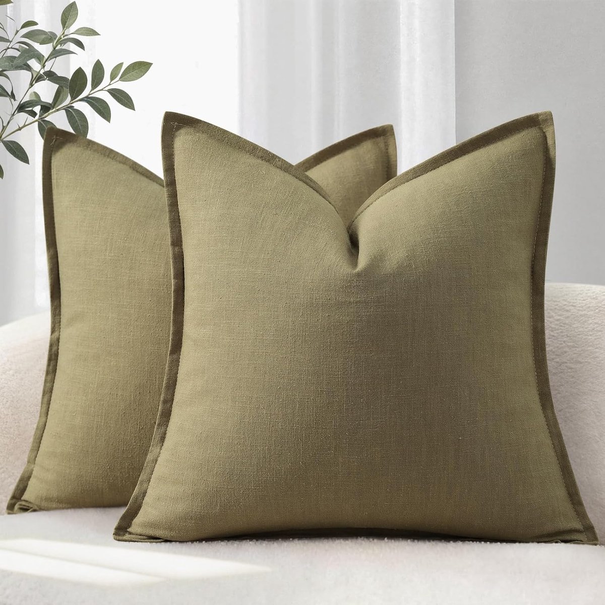 SnelShoppen - Set van 2 Olijfgroene Kussenhoezen 60x60 cm - Luxe Linnen en Katoen - Zachte en Ademend Cushion Covers voor Sofa, Bed en Woonkamer - Mod