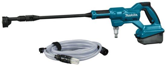 Turquoise Makita hogedrukreiniger met lans, accu en oprolbare slang.