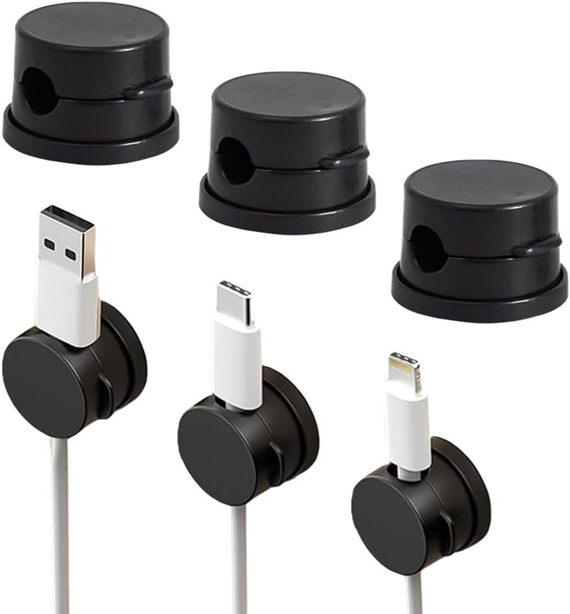 Set van 6 Magnetische Kabelorganizers, 360° Zelfklevende Kabelbeheersclips voor Bureau, Bed en Kantoor - Geschikt voor USB, HDMI, Audio en Oplaadkabels (Zwart)