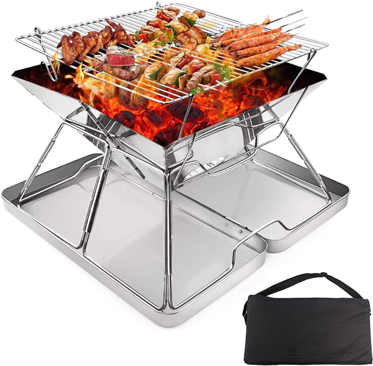KIRA® Tafel Bbq Houtskool - Draagbare Kampeerhoutkachel - Draagtas Voor Kamperen En Picknicken - Zilver - 31cm x 31cm x 25cm