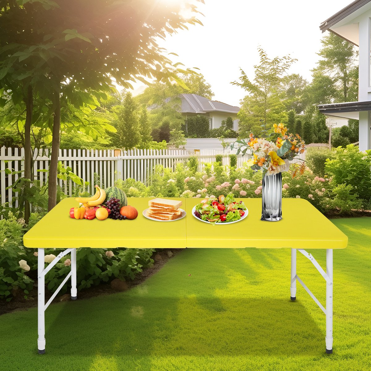 MIVRAY Picknicktafel - Opvouwbare Tuintafel Met Verstelbare Hoogte En Handgreep - Voor Camping En Feestjes - Kunststof En Metaal - Geel
