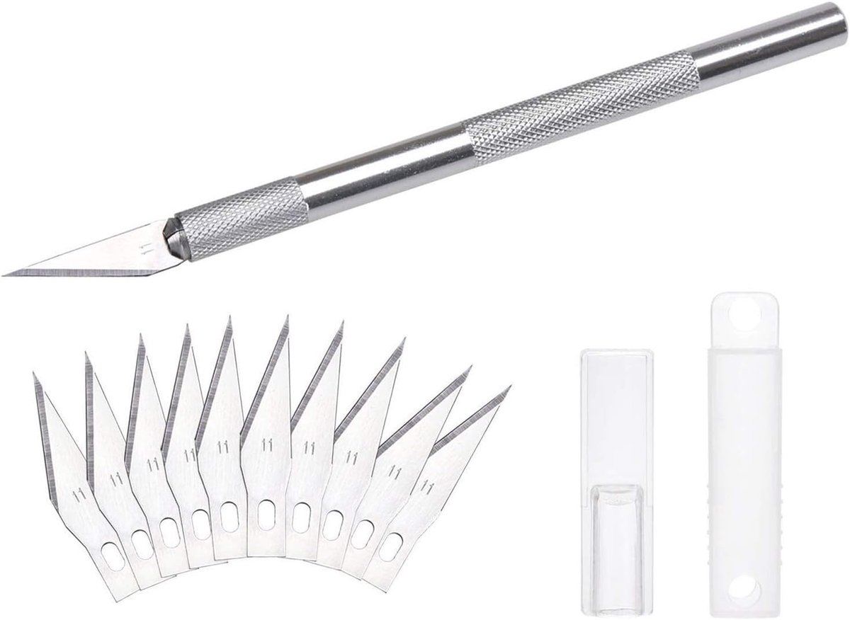 Thijox - Scalpelset met 10x SK5 Reservemesjes en Beschermkap, Comfortline Hobby-Snijmes voor Snijden van Fondant, Stof, Autofolie en Knutselen - Zilve