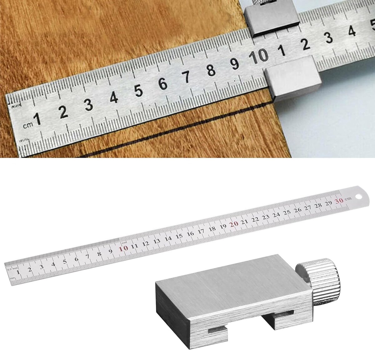 Thijox - Smeermaat Roestvrij Staal Aanslagliniaal 30 cm - Strijkmaat Metaal Aftekenmaat voor Houtbewerking, Doe-Het-Zelf en Handwerk