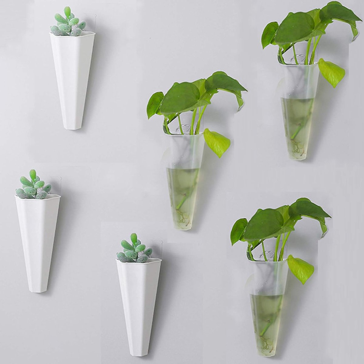 SnelShoppen - 6 Pcs Mini Geometrische Plastic Wandvazen voor Binnen, HuDecoratie, Deurdecoratie, Hangplanten, Succulenten, Wandplanten Bakjes, 15 cm H