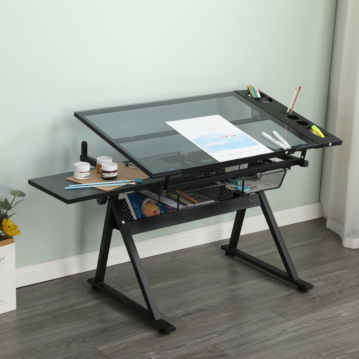 DESMIU Tekentafel - Verstelbaar Glazen Tafelblad Met Kantelfunctie En Laden - Voor Tekenen En Handwerk - Metaal En MDF - 98 x 60 cm - Zwart