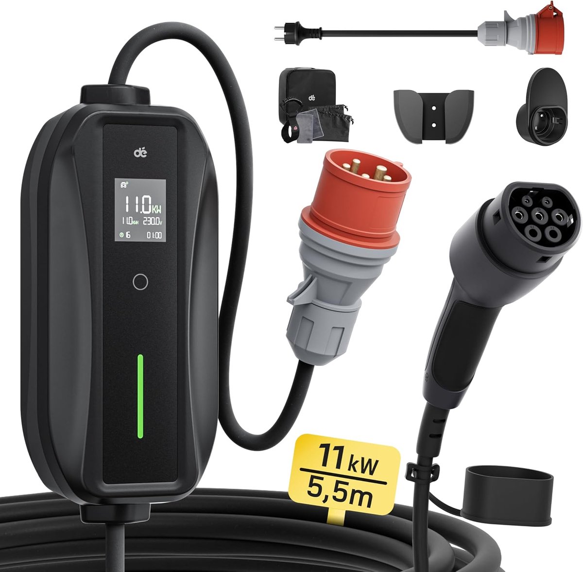 SnelShoppen - EV Charger Type 2 11kW Laadstation - 5.5m Kabel, 3-Fase, 6-16A, Draagbare en Wandgemonteerde Wallbox voor Thuis en Werk, Geschikt voor M