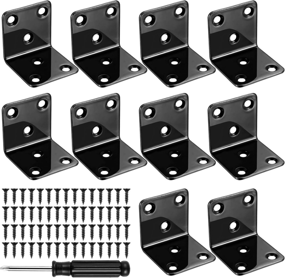 SnelShoppen - Pack van 10 Hoekverbinders Zwart 40 x 40 x 2 mm Metaal Verbinder voor Houten Meubels 90 Graden Hoek Connector Verstevigd met Schroeven