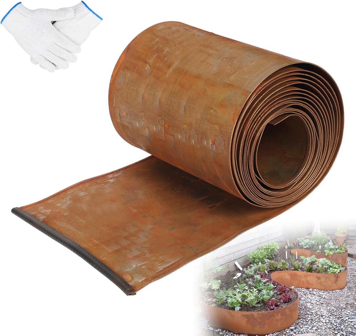 SnelShoppen - Corten Staal Grensrand 5m x 20cm, Flexibele Tuinrand met Roestlook, Ideaal voor Bloembedden, Tuinpaden en Gazons, Inclusief Tuinhandscho
