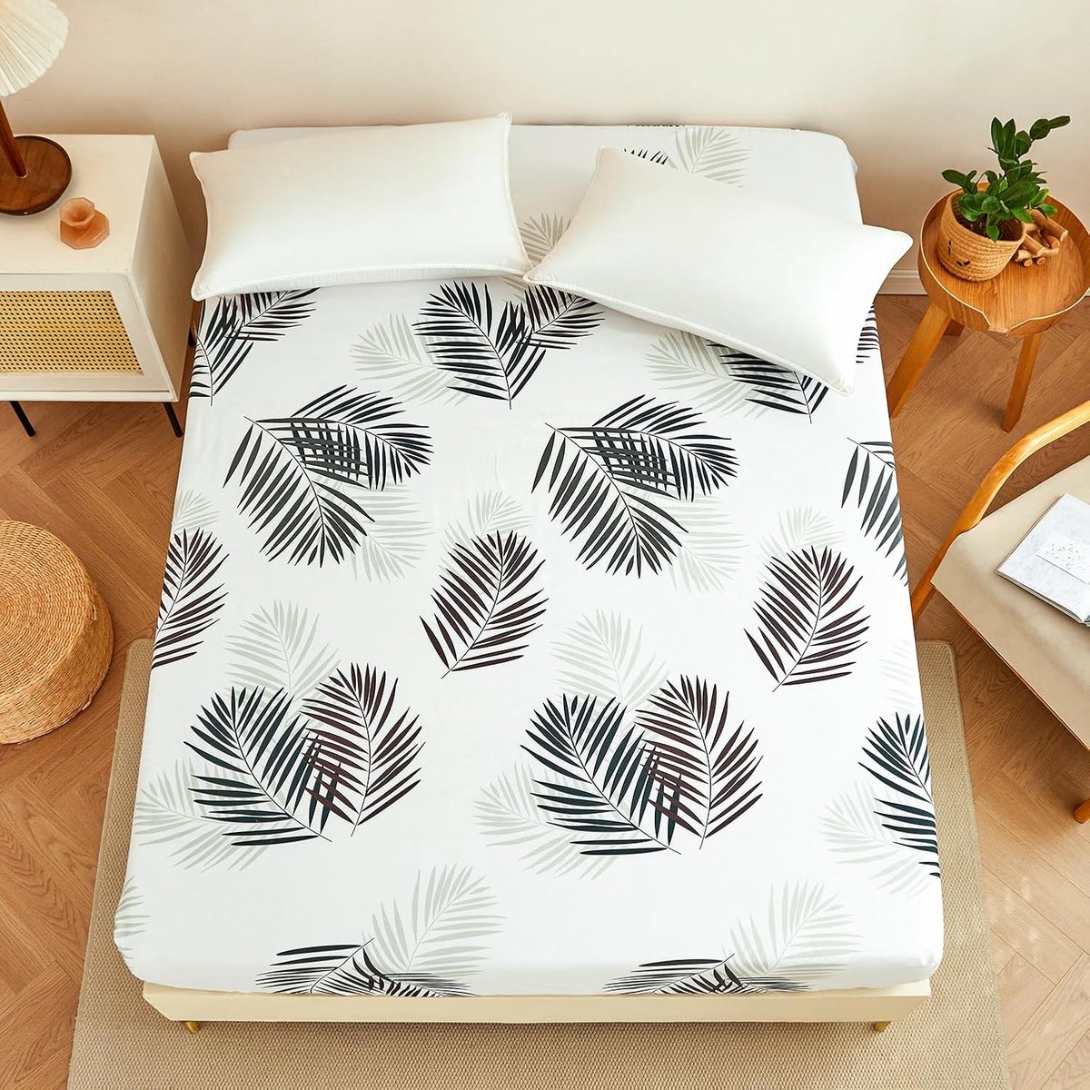 SnelShoppen - Fitted Sheet 150x200 cm met Tropisch Bladeren Patroon, Zacht Polyester Microfiber, Geschikt voor Matras Hoogte tot 30 cm, Wit en Groen