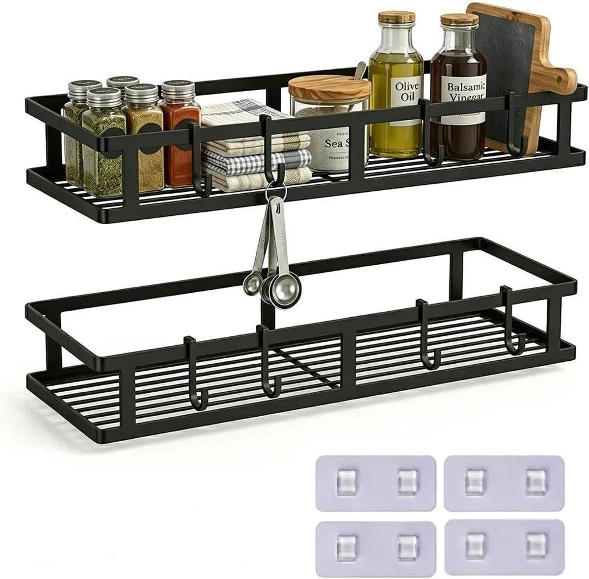 SnelShoppen - Kruidenrek voor aan de muur, 2 stuks, metalen keukenrek, hangend zonder boren, wandmontage, organizer, badkamer, balkon, zwart met haken