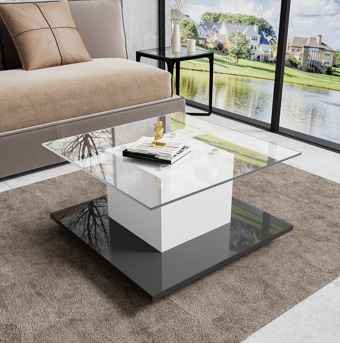 COVREO Salontafel 80x80x40 cm – glas tafelblad, hoogglans wit-zwart, met LED en wielen
