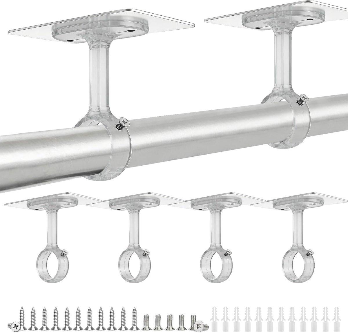 SnelShoppen - Pack van 6 Ceiling Holders, Zelfklevende Gordijnroede zonder Boren, Transparante Gordijnstangen, Geschikt voor 20-30 mm Dikte, Matte Zwa