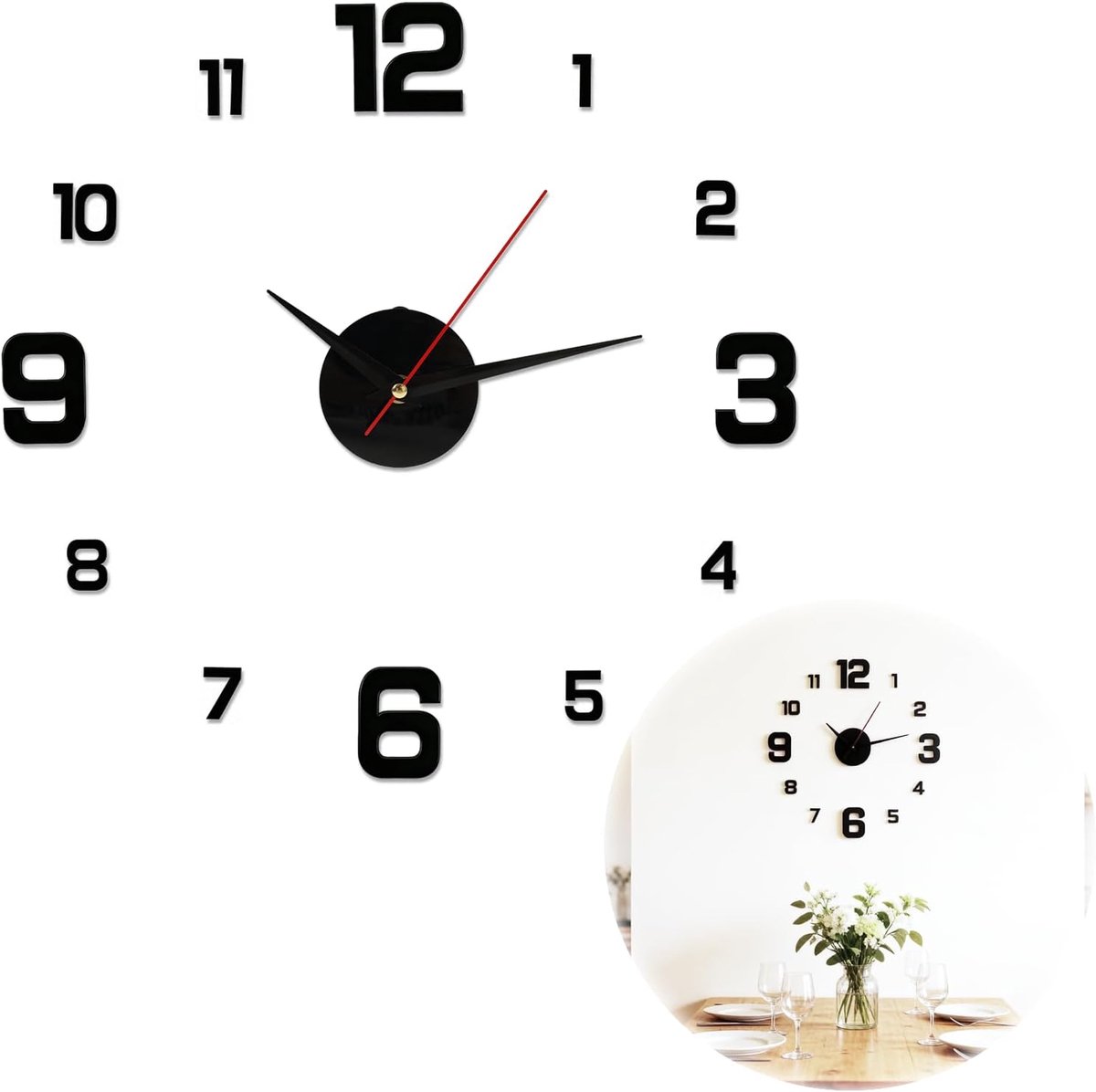 SnelShoppen - Moderne 3D-wandklok, Frameloos Design, Stille Werking, 40 cm Diameter, Zelfklevende Cijfers, Elegante Zwarte Wanddecoratie voor Elk Inte