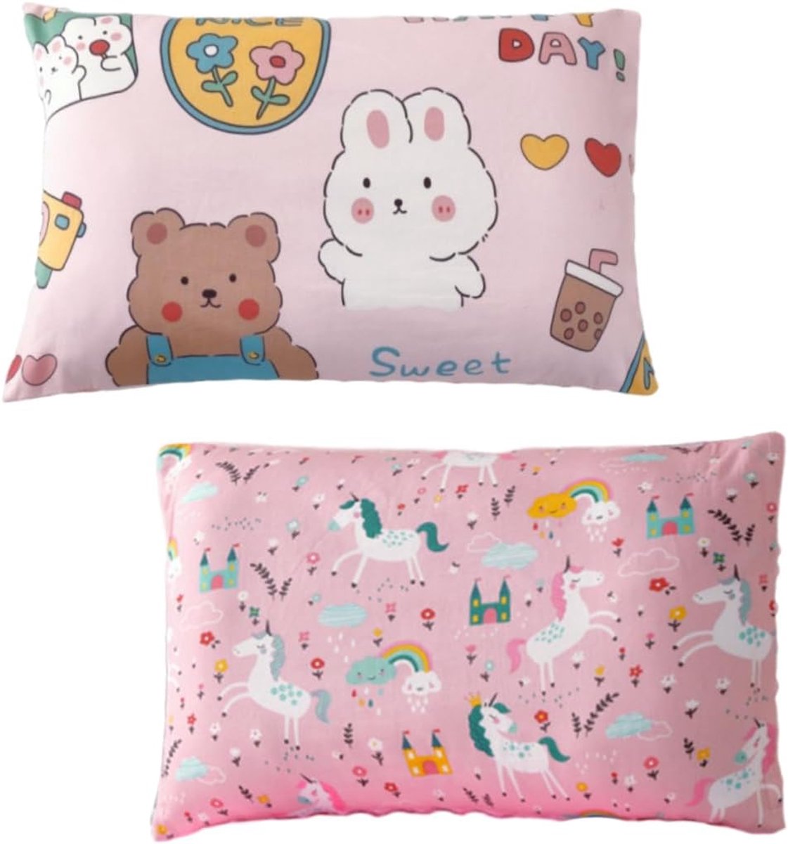 SnelShoppen - Kinder Kussenhoes Set van 2, 100% Katoen, 30 x 50 cm, Zachte Ademende Kussenslopen voor Jongens en Meisjes, Unicorn en Konijn Design