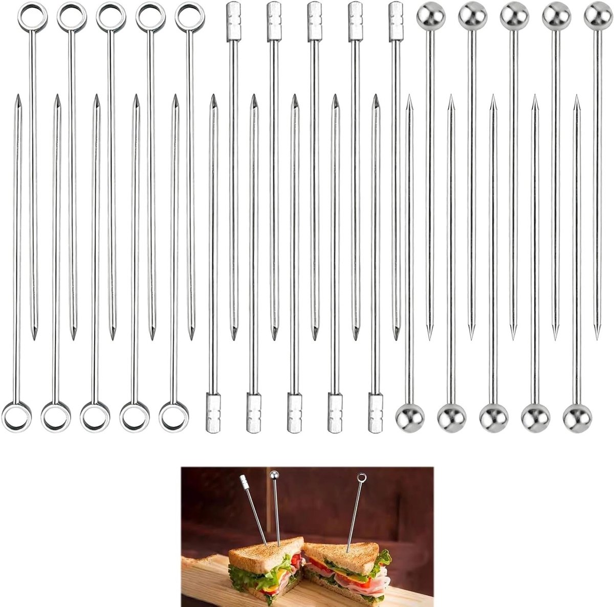 30 Stuks RVS Tandenstokers, Herbruikbare Cocktailprikkers voor BBQ Snacks, Fruitspiesjes en Feestaccessoires, Makkelijk Schoon te Maken en Duurzaam